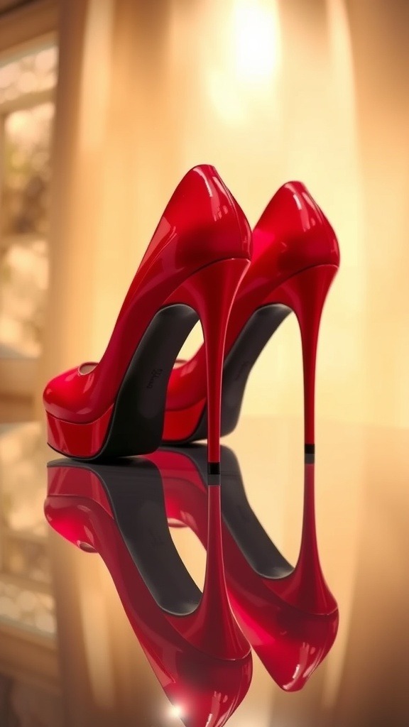 A stylish pair of 7-inch platform heels in a bold color on a reflective surface, highlighted by soft lighting.